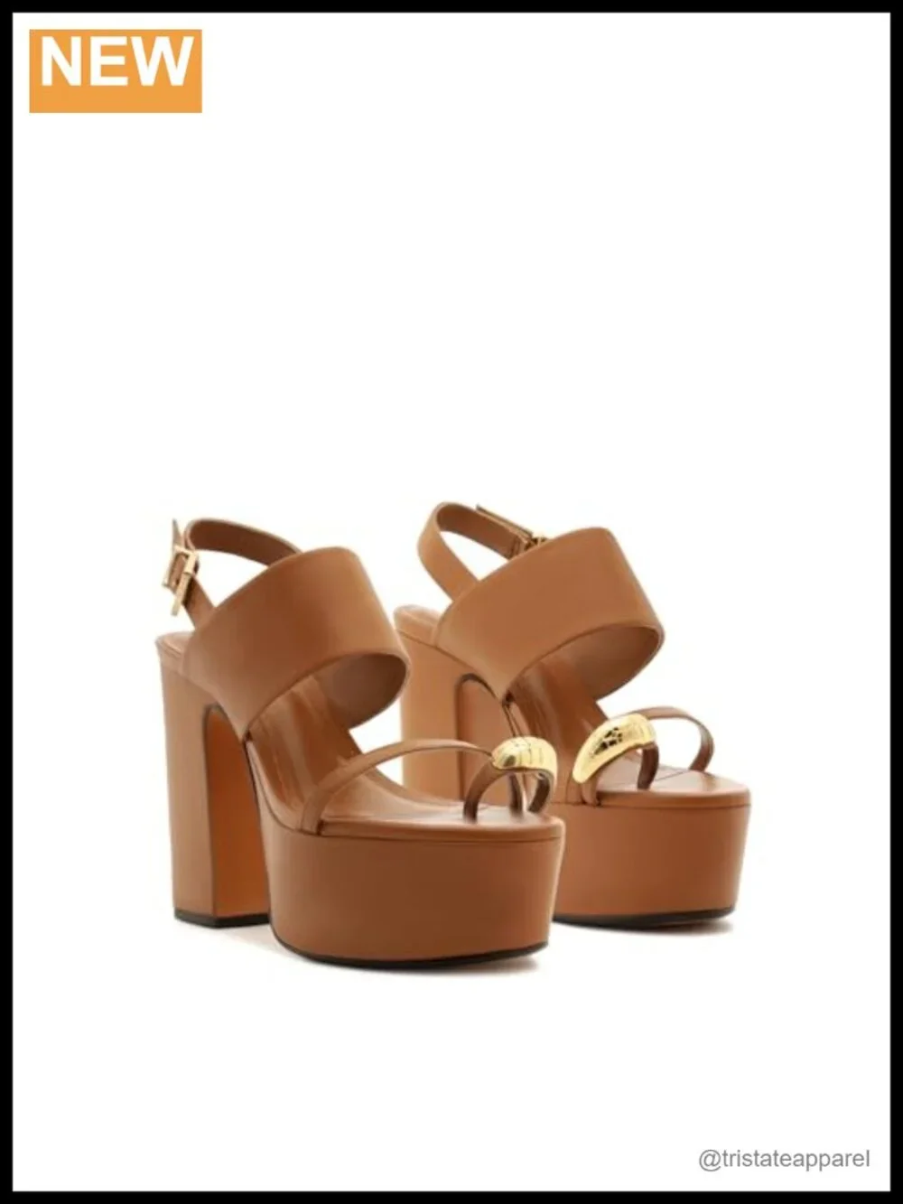 Leather Platform Block Heel Sandal with Gold Hardware